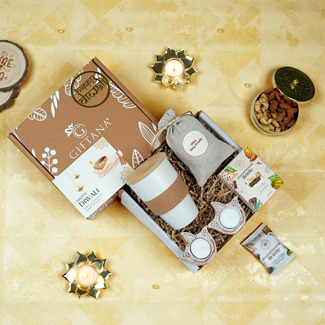 Eco-Friendly Diwali Gifts Hamper - Cup, Dry Fruits & Diyas